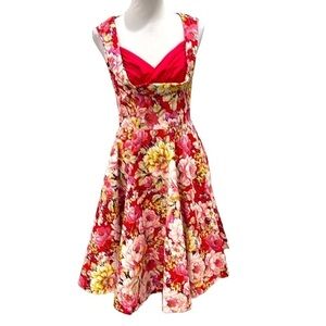 Lindy Bop Ophelia Red Pink Floral Fit and Flare Dress SZ S